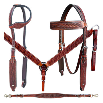 Bar H Equine Genuine Western American Leather Horse Premium Headstall & Breast Collar Set